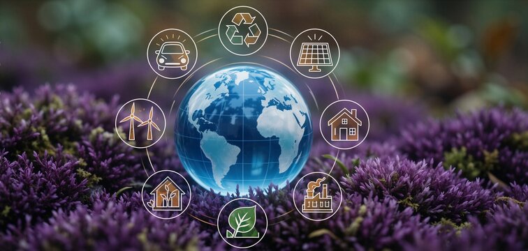 Sustainable lifestyle concept with a glowing earth globe surrounded by icons symbolizing renewable energy and eco-friendly living.