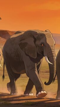 Vertical video: Walking elephant herd tailing adult entering right across sunset plain