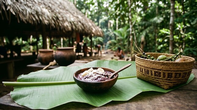 Traditional food in clay bowl on banana leaf in rainforest with rainforest indigenous authentic heritage settlement primitive