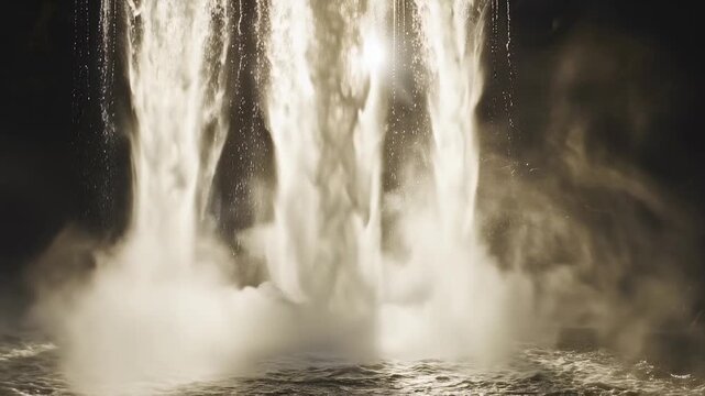 Waterfall face in slow motion, water deconstructed into individual streams and droplets, crystal clear backlit water, powerful nature concept.
