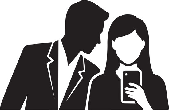 Black and white silhouette vector illustration of man peeking at woman using smartphone, concept of jealousy, privacy invasion, relationship suspicion and mobile phone addiction