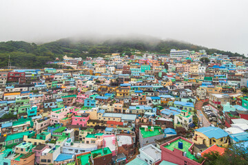 Fototapeta premium A dense neighborhood of colorful low-rise houses spreads across a hillside beneath a mist-covered forest and overcast sky.