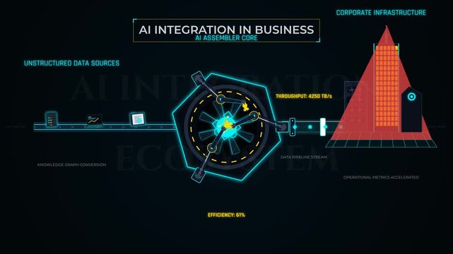 Animated infographic illustrating AI integration in business processing unstructured data through an assembler core and knowledge graph to optimize corporate infrastructure pipeline