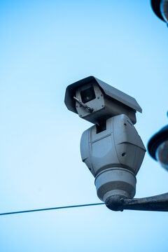 Outdoor CCTV security camera for urban surveillance and facial recognition system.
