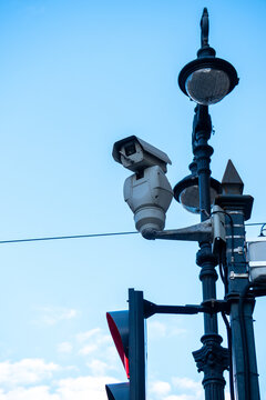 Outdoor CCTV security camera for urban surveillance and facial recognition system.
