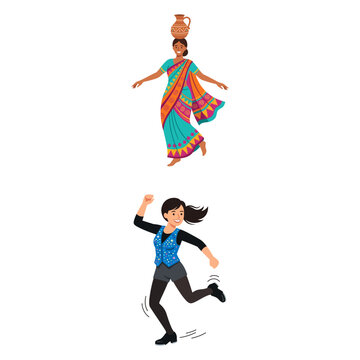 Vector illustration of an Indian woman dancing with a pot on her head and a woman Irish step dancing