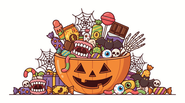 Halloween pumpkin filled with colorful candy and spooky treats illustration