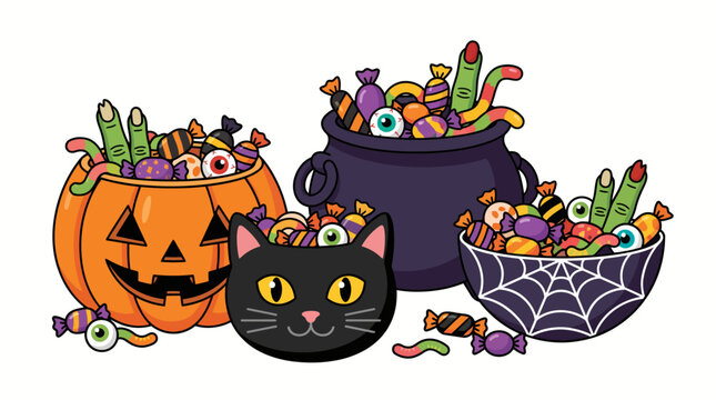 Whimsical Halloween-themed illustration with pumpkins, cauldron, black cat, and candy