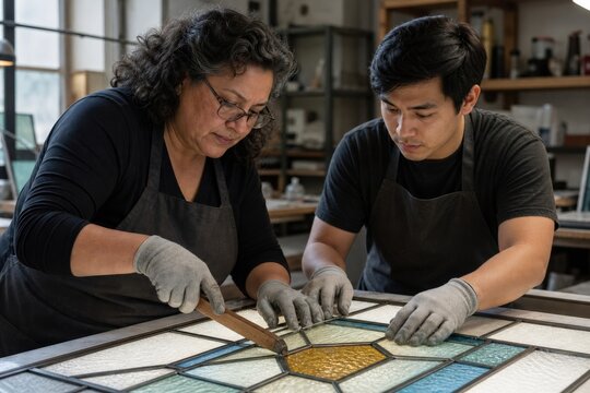 Stained glass restoration master conservator new lead channel fitting workplace interaction two visible people her build his