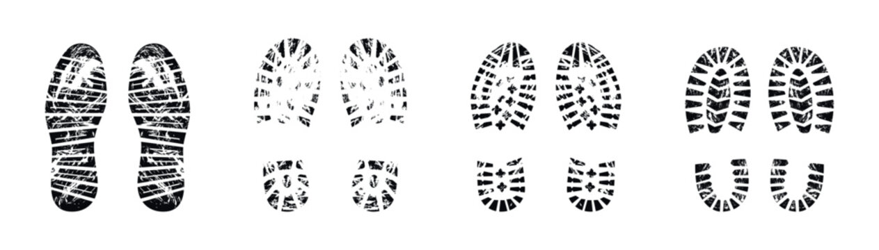 Collection of diverse boot and shoe sole imprints on a white background