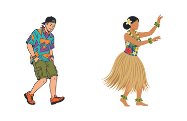 Vector illustration of a stylish young man walking and a traditional woman dancing hula © Astutike Studio