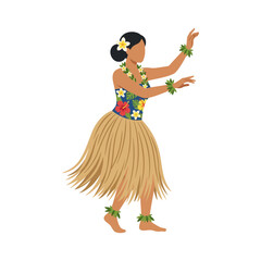 Beautiful Hawaiian Hula Dancer in Traditional Grass Skirt with Floral Lei © Astutike Studio
