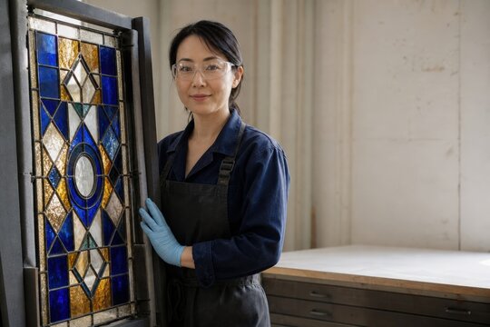 Stained glass restoration conservator beside upright restored panel waist up campaign portrait visible identifiable person east 41
