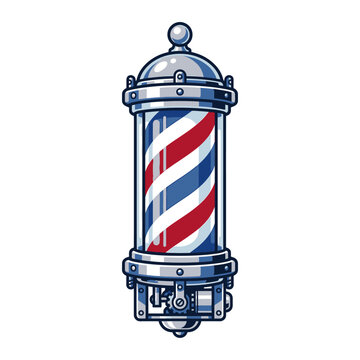 Retro barber pole vector illustration with iconic red white and blue spiral stripes isolated on white background for hair salon and grooming concepts