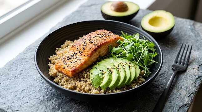 Grilled salmon fillet with quinoa and avocado in a bowl for healthy eating and nutrition.