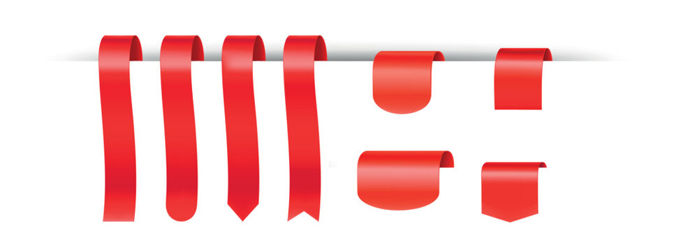 Collection of various red ribbon tags and bookmarks attached to a white surface