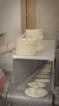 Hands stacking fresh tortillas from tortilla machine conveyor