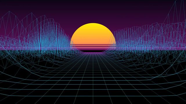Retro synthwave wireframe landscape with glowing sun, ideal for music visualizers, digital art backgrounds, and futuristic event motion graphics