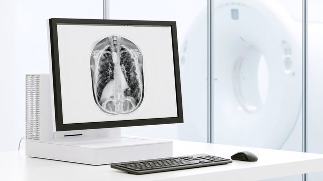 Medical monitor displaying human chest x ray scan