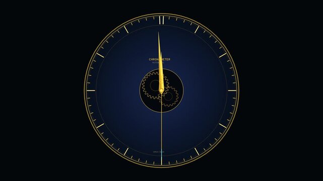 Elegant golden chronometer clock dial with internal gear mechanism on dark blue background, symbolizing luxury timekeeping and midnight countdown.