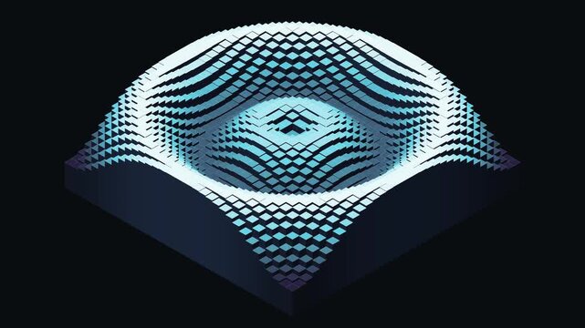 Isometric dynamic cube matrix forming wave topography and concentric ripple field, modern big data visualization and signal processing vector concept.