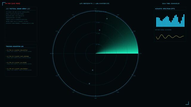 Futuristic Tactical Sonar Radar Interface, high-tech HUD elements demonstrating scan acquisition and acoustic frequency analysis for data monitoring