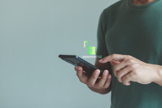 Secure digital access concept showing a person entering a password on a smartphone with a glowing lock icon, symbolizing cybersecurity, privacy, authentication, data protection, and online security.