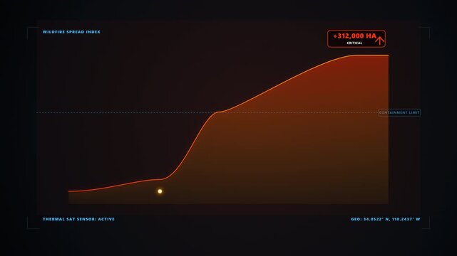 Environmental climate data visualization motion graphic showing exponential wildfire spread, forest burn area escalation, and thermal containment breach. Premium 8-second 4K seamless loop with transpa