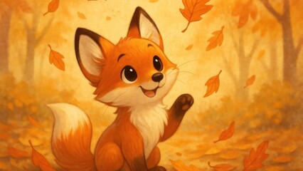Fototapeta premium Adorable fox enjoying autumn leaves desktop wallpaper