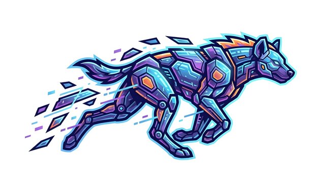 Dynamic Cybernetic Hyena Running with Digital Glitch Effect.