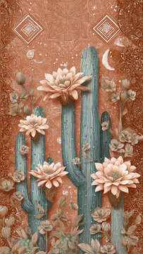 Boho Cactus Desert Flowers Seamless Pattern Colored Pencil