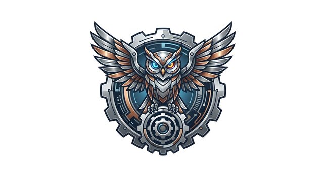 Mechanical Owl Emblem with Gears and Wings Steampunk Style Illustration.