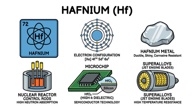 Hafnium Element Educational Cartoon Infographic with Properties Uses and Applications