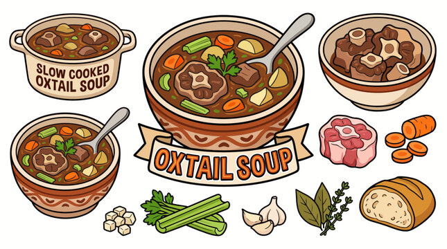 Slow Cooked Oxtail Soup Vector Set with Vegetables Ingredients and Stew Bowls