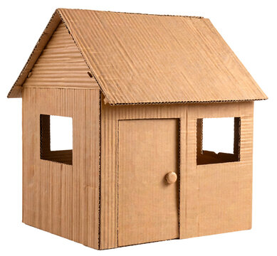 Simple cardboard house with windows and a door, isolated on white background