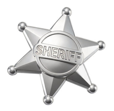 Shiny silver sheriff star badge with the word sheriff embossed on it