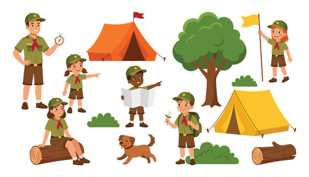 Cute Boy and Girl Scout Character Camping Vector Set with Tents Map Compass and Dog Elements Isolated on White Background