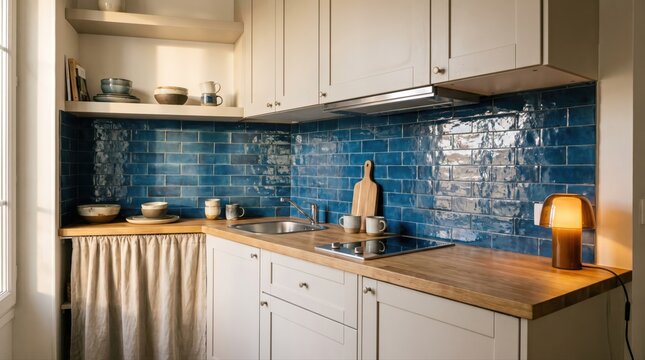 A compact, modern kitchen features blue tiled backsplash and wooden countertops. This stylish design optimizes space for contemporary apartment living and lifestyle.