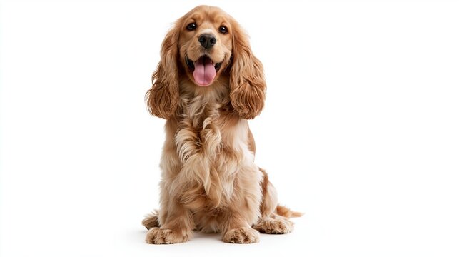 Adorable golden cocker spaniel puppy sitting and panting happily against a white background with cute dog brown dog young dog portrait pet photography happy puppy purebred
