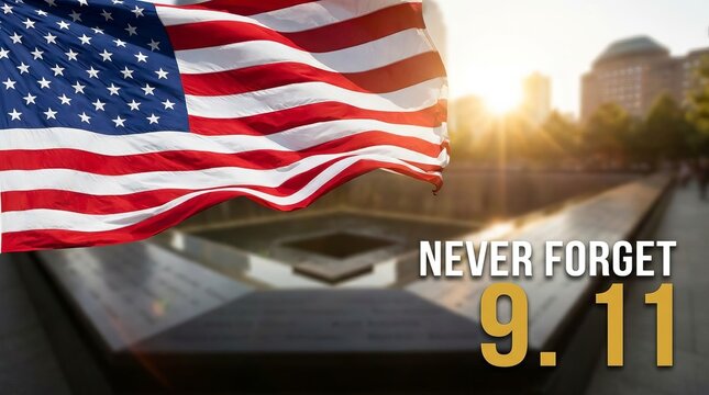 American flag waving against sunlight with memorial text never forget nine eleven september eleven usa flag national monument united states fallen heroes american patriotism