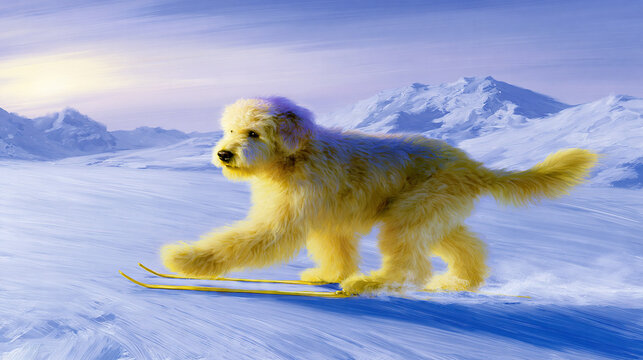 Fluffy Dog Sledding Across Snowy Mountain Landscape