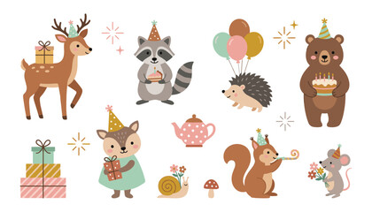 Obraz premium Cute Forest Woodland Animals Birthday Party Character Vector Sticker Set with Cake Balloons Gift Boxes and Sparkles for Kids Celebration Designs