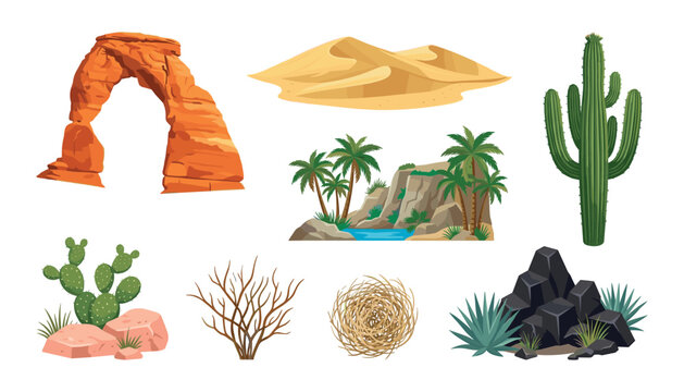 Desert landscape vector element set featuring red rock arch sand dunes saguaro cactus green oasis tumbleweed and arid wilderness nature symbols