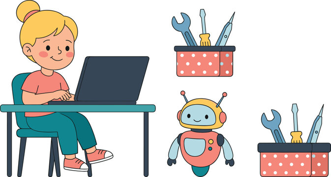 Cute little girl learning robotics and coding on laptop with cute toy robot character and mechanical tools boxes cartoon vector illustration set