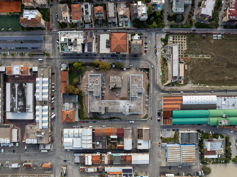 Aerial view of the historic Ex Stadio Fratelli Ballarin surrounded by urban buildings, streets, and rooftops in San Benedetto del Tronto, Marche, Italy.