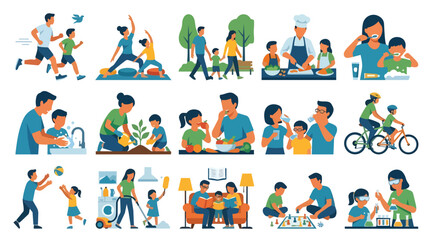 Fototapeta premium Healthy family lifestyle and daily routine activities in a modern flat vector illustration set for wellness app branding