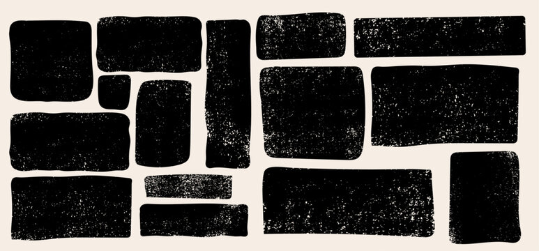 Collection of black hand-drawn box frames for bunners or text. Kid illustration square borders of chalk textures or ink stamp textures. Handwriting shapes.