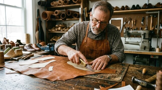 Artisan Leatherworker Crafting Goods in Rustic Workshop