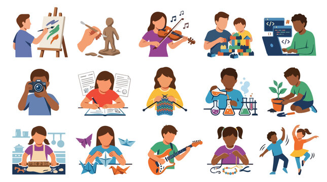 Children hobbies and creative extracurricular activities set in flat vector illustration for youth development programs and educational marketing