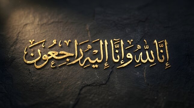 Islamic Calligraphy Inna Lillahi Wa Inna Ilayhi Rajiun Golden Text on Dark Background.